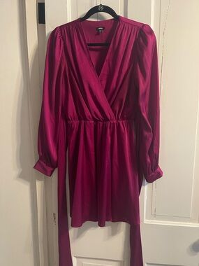 Express Women’s Long Sleeve Faux-Wrap Dress - Berry/Magenta